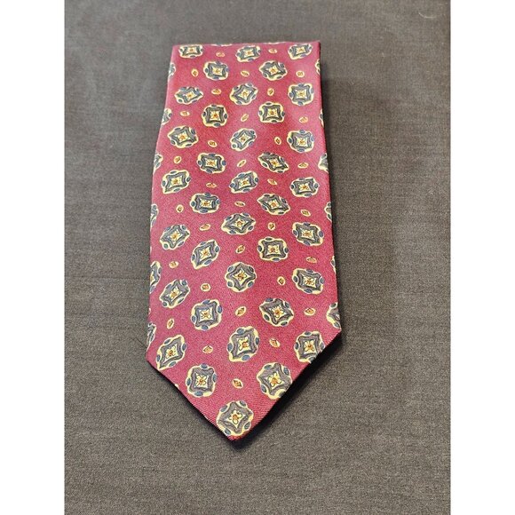 Vintage Parklane Mens Burgundy Silk Tie With Blue & Gold Geometric Pattern - Picture 1 of 10